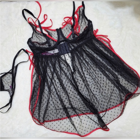 Polka Dot Mesh Lingerie Black Red 2X - Picture 2 of 16